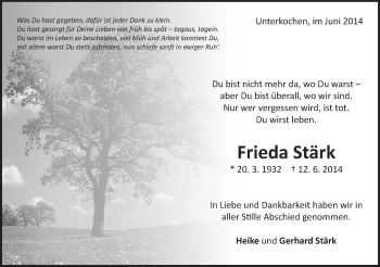 Traueranzeige von Frieda Stärk von Schwäbische Post