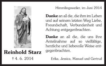 Traueranzeige von Reinhold Starz von Schwäbische Post