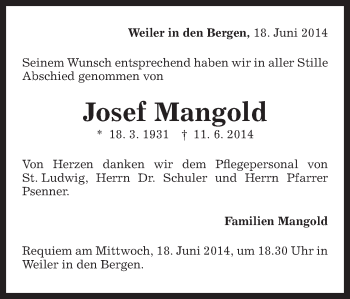 Traueranzeige von Josef Mangold von Gmünder Tagespost