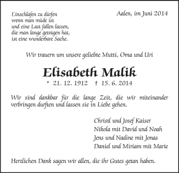 Traueranzeige von Etisabeth Malik von Schwäbische Post