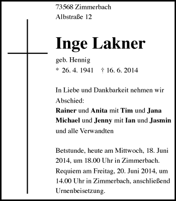 Traueranzeige von Inge Lakner von Gmünder Tagespost