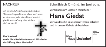 Traueranzeige von Hans Giedat von Gmünder Tagespost