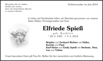 Traueranzeige von Elfriede Spieß von Schwäbische Post