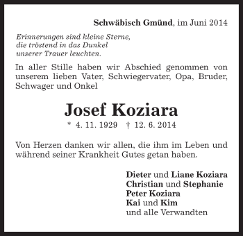 Traueranzeige von Josef Koziara von Gmünder Tagespost