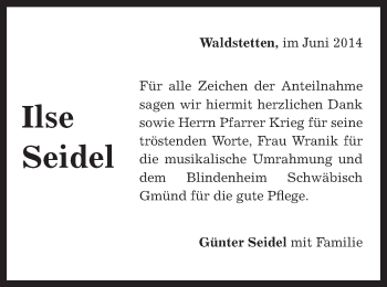 Traueranzeige von Ilse Seidel von Gmünder Tagespost