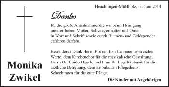 Traueranzeige von Monika Zwikel von Schwäbische Post