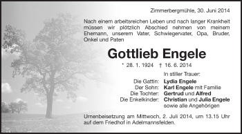 Traueranzeige von Gottlieb Engele von Schwäbische Post