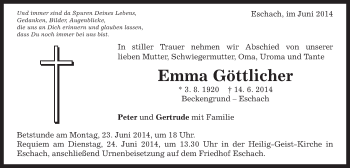 Traueranzeige von Emma Göttlicher von Gmünder Tagespost