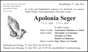 Traueranzeige von Apolonia Seger von Gmünder Tagespost