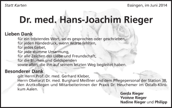 Traueranzeige von Hans-Joachim Rieger von Schwäbische Post