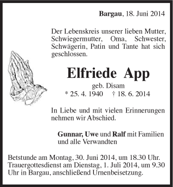 Traueranzeige von Elfriede App von Gmünder Tagespost