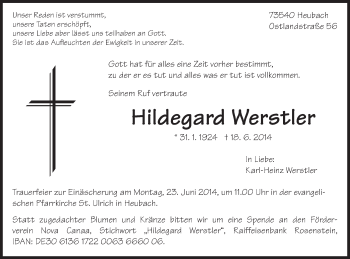 Traueranzeige von Hildegard Werstler von Gmünder Tagespost