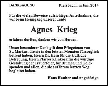 Traueranzeige von Agnes Krieg von Gmünder Tagespost
