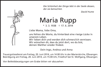 Traueranzeige von Maria Rupp von Schwäbische Post