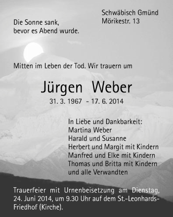 Traueranzeige von Jürgen Weber von Gmünder Tagespost
