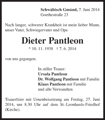 Traueranzeige von Dieter Pantleon von Gmünder Tagespost