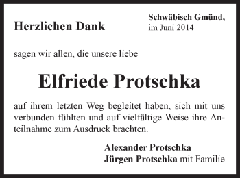 Traueranzeige von Elfriede Protschka von Gmünder Tagespost