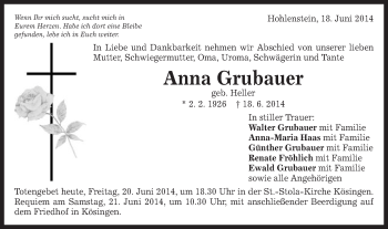 Traueranzeige von Anna Grubauer von Schwäbische Post