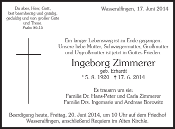 Traueranzeige von Ingeborg Zimmerer von Schwäbische Post