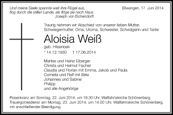 Traueranzeige von Aloisia Weiß von Schwäbische Post