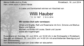 Traueranzeige von Willi Hauber von Schwäbische Post