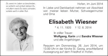 Traueranzeige von Elisabeth Wiesner von Schwäbische Post