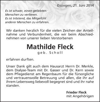 Traueranzeige von Mathilde Fleck von Schwäbische Post