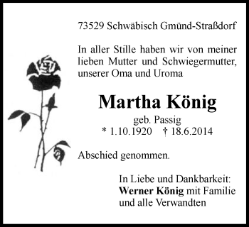 Traueranzeige von Martha König von Gmünder Tagespost