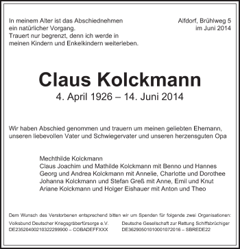 Traueranzeige von Claus Kolckmann von Gmünder Tagespost