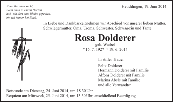 Traueranzeige von Rosa Dolderer von Gmünder Tagespost