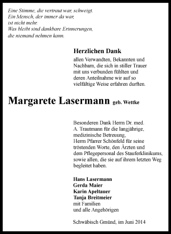 Traueranzeige von Margarete Lasermann von Gmünder Tagespost