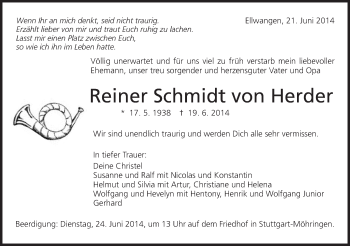 Traueranzeige von Reiner  Schmidt von Herder von Schwäbische Post