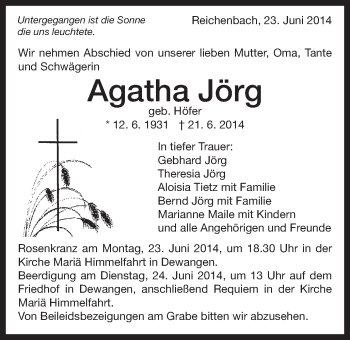 Traueranzeige von Agatha Jörg von Schwäbische Post