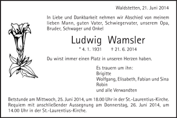 Traueranzeige von Ludwig Wamsler von Gmünder Tagespost