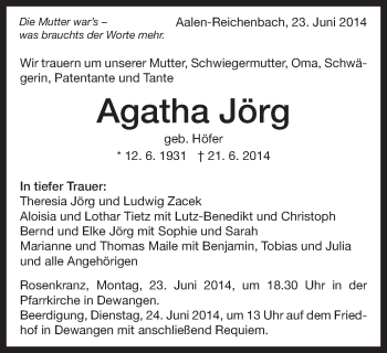 Traueranzeige von Agatha Jörg von Schwäbische Post