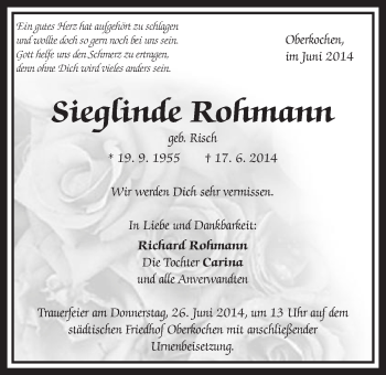 Traueranzeige von Sieglinde Rohmann von Schwäbische Post