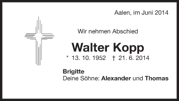 Traueranzeige von Walter Kopp von Schwäbische Post