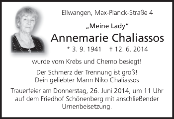 Traueranzeige von LAnnemarie Chaliassos von Schwäbische Post