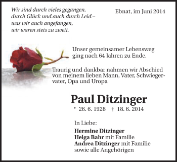 Traueranzeige von Paul Ditzinger von Schwäbische Post