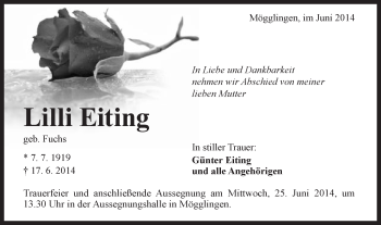 Traueranzeige von Lilli Eiting von Gmünder Tagespost