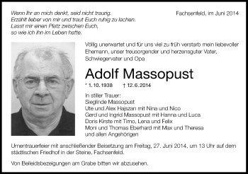 Traueranzeige von Adolf Massopust von Schwäbische Post