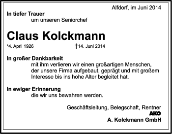 Traueranzeige von Claus Kolckmann von Gmünder Tagespost