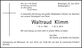 Traueranzeige von Waltraud Klimm von Gmünder Tagespost