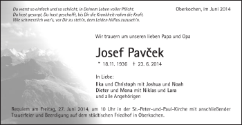 Traueranzeige von Josef Pavcek von Schwäbische Post