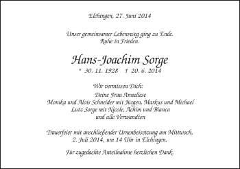 Traueranzeige von Hans-Joachim Sorge von Schwäbische Post