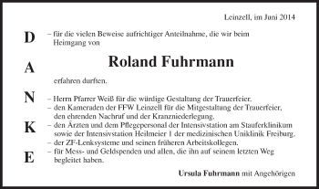 Traueranzeige von Roland Fuhrmann von Gmünder Tagespost