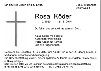 Traueranzeige von Rosa Köder von Gmünder Tagespost