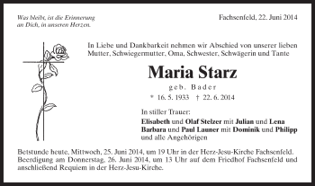 Traueranzeige von Maria Starz von Schwäbische Post