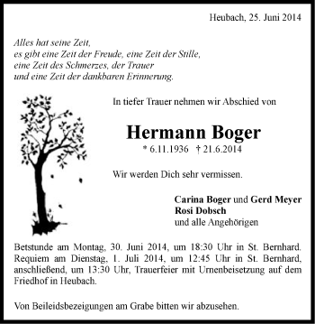 Traueranzeige von Hermann Boger von Gmünder Tagespost