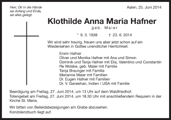 Traueranzeige von Klothilde Anna Maria Hafner von Schwäbische Post